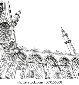 Mosque hand drawn. Unusual perspective. Vector illustration