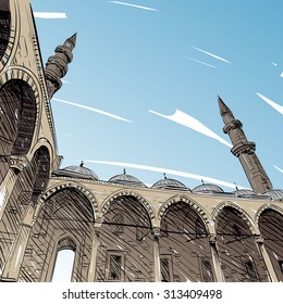Mezquita dibujada a mano. Perspectiva inusual. Ilustración del vector