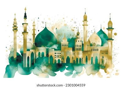 Mosque. Hand drawn watercolor mosques pattern background illustration. Vector colorful painted artistic decorative design. Muslim. Islamic. Emerald green and gold colors. On white background.