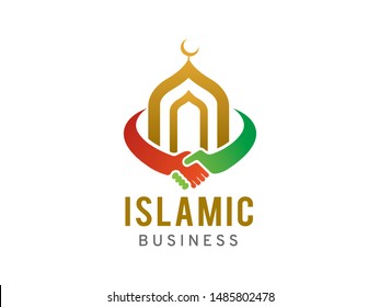 Mosque and Hand shake logo symbol or icon template