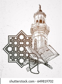 Mosque handrawn and Quran sketch isolated on old paper