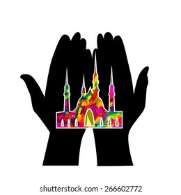 Mosque in the hands of. Vector