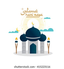 mosque hari raya greeting with malay word selamat hari raya that translates to wishing you a joyous hari raya template vector/illustration