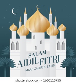 mosque hari raya greetings design template vector/illustration with malay words that mean 'blessed aidilfitri', 'i seek forgiveness'