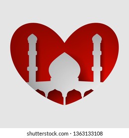 the mosque in a heart of paper cut