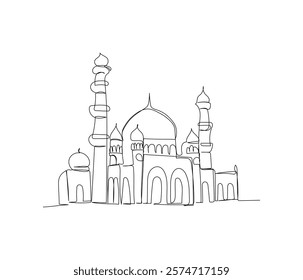 Mosque, house of prayer for Muslims, architecture one line art. Continuous line drawing of online Muslims, Islam, traditions, clothing, folk, oriental.