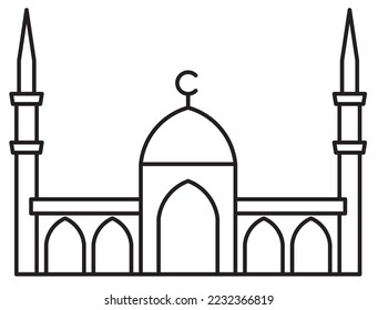 
Mosque icon in 2D design and the drawing is in black and white. Highlighting the concept of architecture with Islamic elements such as arches and domes.