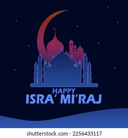 Mosque icon with crescent moon and bold text on dark blue background to commemorate Isra and Mi'raj.