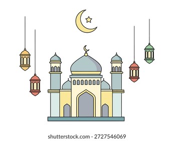 ícone da mesquita com lua crescente e estrela, pendurando lanternas coloridas, cúpulas azuis e douradas e entrada arqueada. Ilustração vetorial limpa para os conceitos de Ramadã, Eid, cultura islâmica e religião.