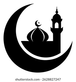 Icono de mezquita con símbolo de luna creciente Ilustración vectorial de silueta de arquitectura islámica para ramadán eid lugar de oración elemento de diseño de estructura religiosa.