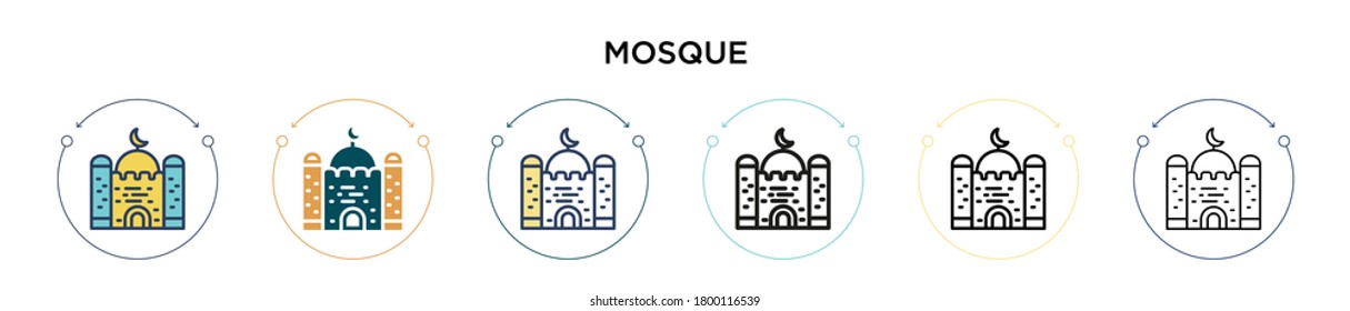 Icono de mezquita en estilo relleno, delgado, contorno y trazo. Ilustración vectorial de dos íconos vectores de mezquita de color y negro se puede usar para móviles, ui, web