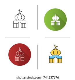 Mosque icon. Flat design, linear and color styles. Islamic culture. Muslim worship place. Isolated vector illustrations