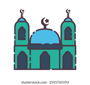Mosque icon illustration. Flat line color icon of a vibrant illustration of a mosque, featuring teal and blue colors. It's a simple yet detailed icon design. Colored outline icon.