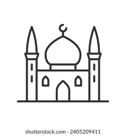 Moschee Symbol Linie Design. Islamisch, Religion, Verehrung, Gebet, Minarett, Kuppelvektorgrafik. Moschee bearbeitbares Strichsymbol.