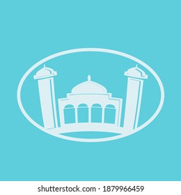 icono de mezquita con círculo oval en el exterior y fondo azul fácil