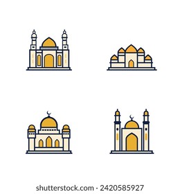 The mosque icon package contains 4 icons in a flat design style, very suitable for application icons, Islamic theme ornaments, Ramadan, Isra' Mi'raj, places of worship, etc.