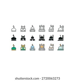 A mosque icon set in line glyph color style for islamic worship and religious designs.