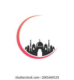 Diseño vectorial del logotipo de silueta de icono de mezquita aislado en ilustración de luna creciente