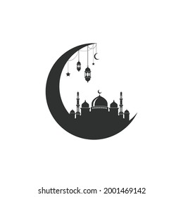 Mosque icon silhouette logo vector illustration design template isolated on crescent moon and lantern design.