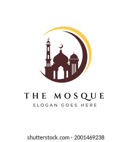 Mosque icon silhouette logo vector design isolated on crescent moon illustration