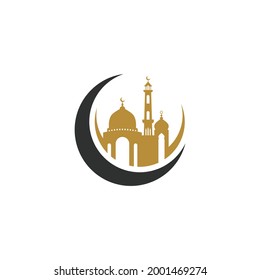 Mosque icon silhouette logo vector design isolated on crescent moon illustration