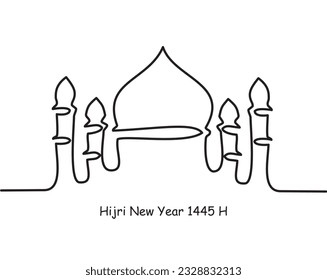 Mosque icon as a symbol of hijra. One continuous line drawing of the mosque as a symbol of hijra of Muslims. One line illustration vector. The meaning of the text of the Hijriyah New Year 1445 H.