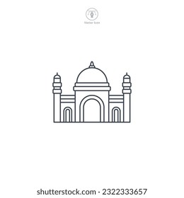 Mosque icon vector depicts a stylized Islamic place of worship, symbolizing Islam, prayer, faith, spirituality, and Muslim community