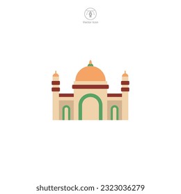 Mosque icon vector depicts a stylized Islamic place of worship, symbolizing Islam, prayer, faith, spirituality, and Muslim community