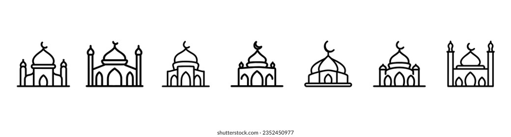 Moschee-Symbol-Vektorgrafik. Moschee-Symbol-Set. Moschee Vektorsymbol flach Design. Symbol eines Masjidzeichens, Moslemische Moschee flache Symbole. Dünne, kleine Moscheen umreißen Symbole Religion