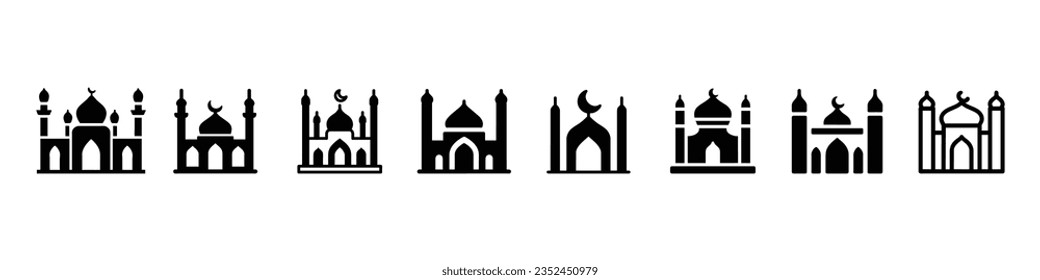 Moschee-Symbol-Vektorgrafik. Moschee-Symbol-Set. Moschee Vektorsymbol flach Design. Symbol eines Masjidzeichens, Moslemische Moschee flache Symbole. Dünne, kleine Moscheen umreißen Symbole Religion