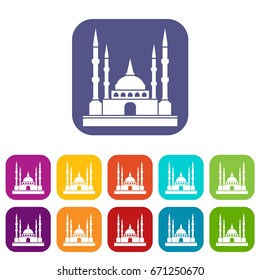 Mosque icons set vector illustration in flat style In colors red, blue, green and other