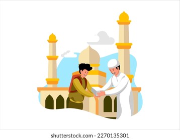 Mosque Illustration Flat Design Style with Silaturahmi and Forgiveness Concept