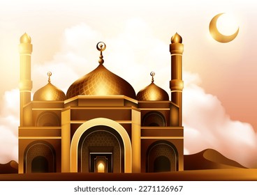 Mosque illustration. Golden mosque for Ramadan Kareem banner design template and background