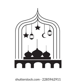 mosque illustration moon lantern logo decoration eid al fitr vector