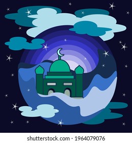 mosque illustration at night with blue ramadan theme, full of clouds and stars