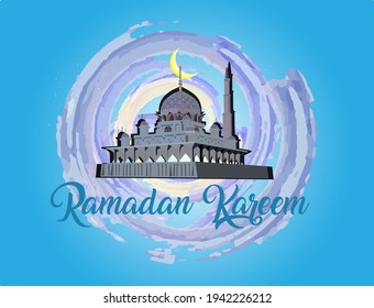 Ilustración de mezquita sobre pintura circular abstracta con motivo de color azul, concepto sagrado de Ramadán con la frase "Ramadan Kareem" en primer plano