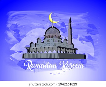 A mosque illustration over abstract painting with blue color motive, holy Ramadan concept with the phrase "Ramadan Kareem" in the foreground