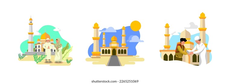 Mosque Illustration Set in Flat Design Style with Silaturahmi and Forgiveness Concept