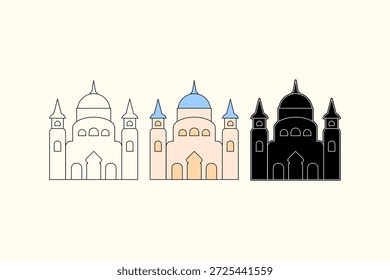 Ilustración de la mezquita con tres estilos diferentes. Una mezquita fuerte y lujosa con colores marrón crema y una cúpula azul claro, Ilustración vectorial.