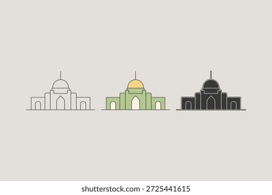 Ilustração de mesquita com três estilos diferentes. Uma mesquita minimalista, mas majestosa, com cor verde-oliva e uma cúpula amarela, ilustração vetorial.