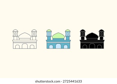 Ilustración de la mezquita con tres estilos diferentes. Una mezquita azul con una magnífica cúpula verde, Ilustración vectorial.
