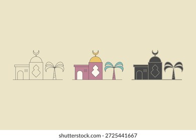 Ilustración de la mezquita con tres estilos diferentes. Una mezquita minimalista con color marrón y una cúpula amarilla, Ilustración vectorial.