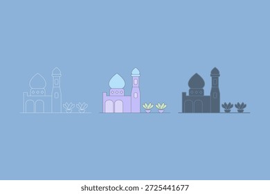 Ilustración de la mezquita con tres estilos diferentes. Una mezquita con una atmósfera fresca suave usando combinaciones de colores pastel púrpura y azul. Minimalista y estético, Ilustración vectorial.
