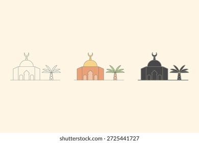 Ilustración de la mezquita con tres estilos diferentes. Una mezquita marrón con una cúpula amarilla acompañada de palmeras datileras a su lado, Ilustración vectorial.