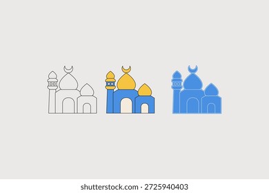Ilustración de la mezquita con tres estilos diferentes. Una mezquita azul con una cúpula amarilla. Temática del Ramadán. Ilustración vectorial.