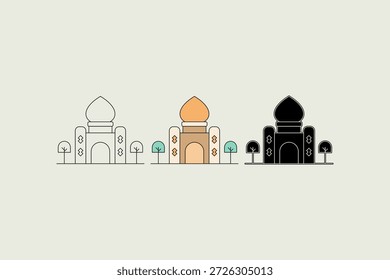 Ilustración de la mezquita con tres estilos diferentes. Una mezquita minimalista y única con una combinación de colores marrón, crema y naranja. Ilustración vectorial.