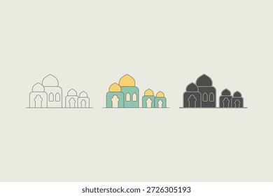 Ilustración de la mezquita con tres estilos diferentes. Una mezquita verde con una cúpula amarilla. Temática del Ramadán. Ilustración vectorial.