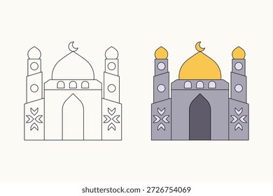 Ilustração de mesquita com três estilos diferentes. Uma magnífica mesquita com cor cinza e uma cúpula amarela. ilustração vetorial.