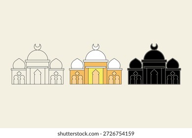 Ilustración de la mezquita con tres estilos diferentes. Una mezquita naranja con una cúpula blanca. Temática del Ramadán. Ilustración vectorial.