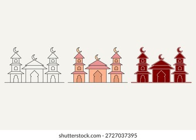Ilustração de mesquita com três estilos diferentes. Grande mesquita em um estilo clássico com uma combinação de cores laranja e vermelho. Tema do Ramadã, ilustração vetorial.